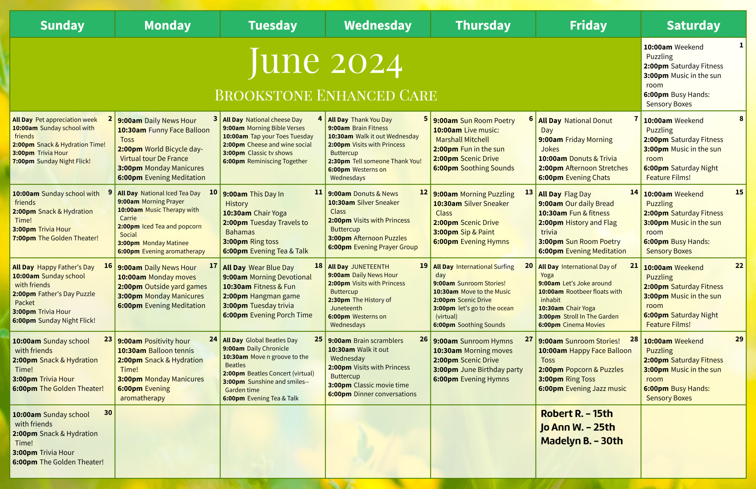 Brookstone Assisted Living & Enhanced Care - Enhanced Care Events Calendar